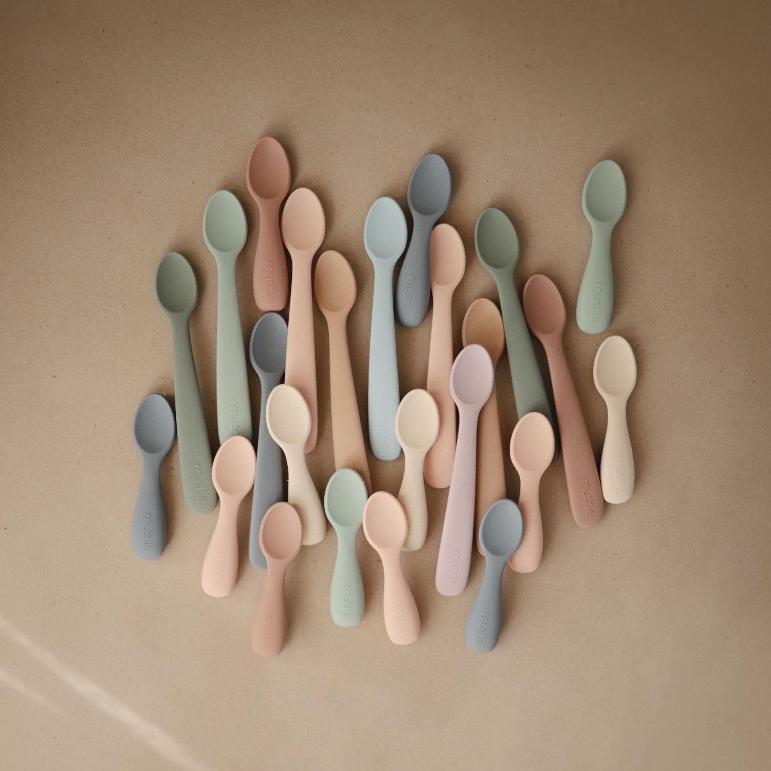 mushie Silicone Toddler Starter Spoons | 2 Pack (Natural/Shifting Sand)