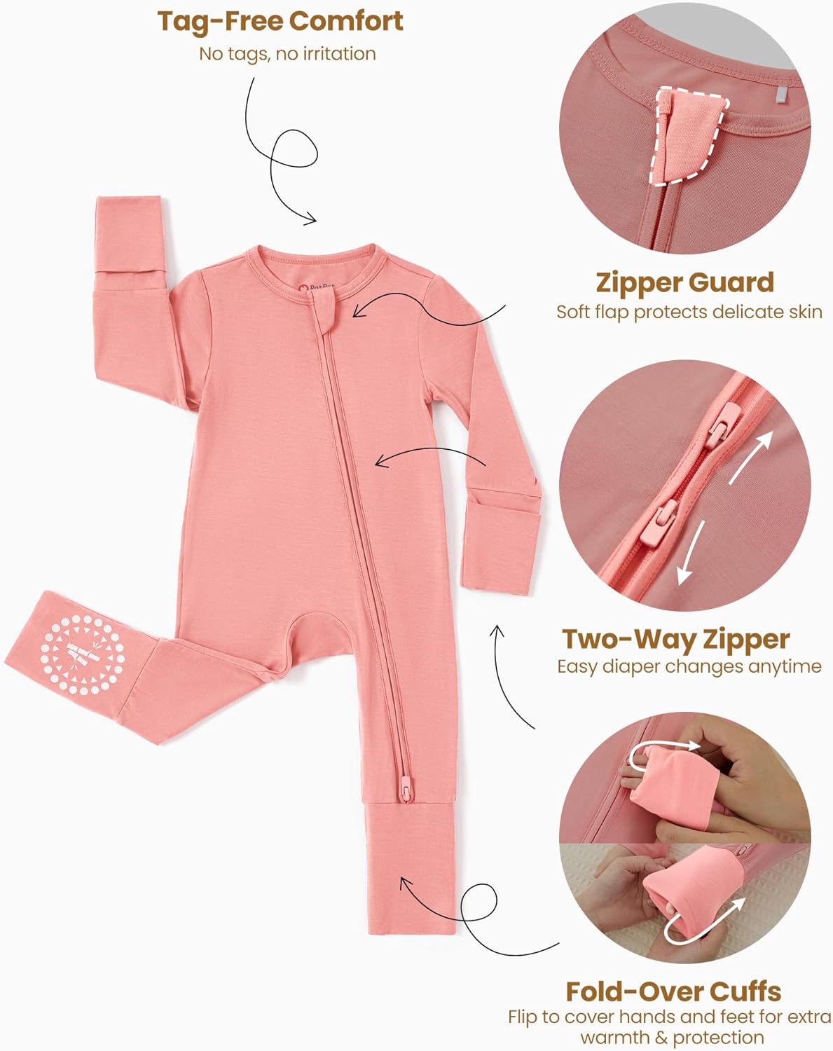 PATPAT Baby Footies Boys Girls - Bamboo Viscose - Zipper & Non-Slip Soles Romper Mitten - Footed &