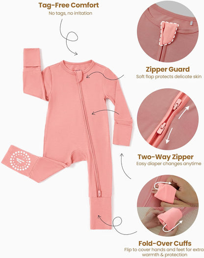 PATPAT Baby Footies Boys Girls - Bamboo Viscose - Zipper & Non-Slip Soles Romper Mitten - Footed &