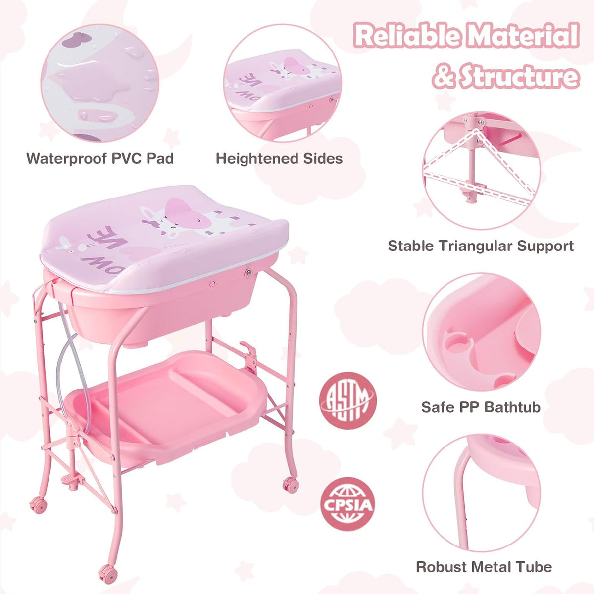 HONEY JOY Baby Changing Table with Bathtub, Foldable Infant Diaper Changing Station with Wheels