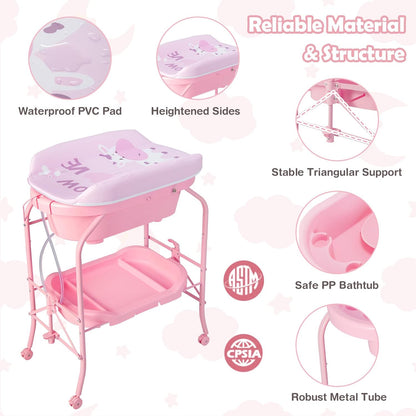 HONEY JOY Baby Changing Table with Bathtub, Foldable Infant Diaper Changing Station with Wheels