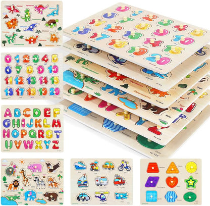 GRINNNIE Wooden Peg Puzzle for Toddlers, 6 Pack Toddler Puzzles Set for 3 4 5 Years Old (Alphabet