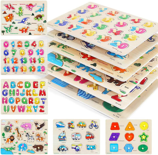 GRINNNIE Wooden Peg Puzzle for Toddlers, 6 Pack Toddler Puzzles Set for 3 4 5 Years Old (Alphabet