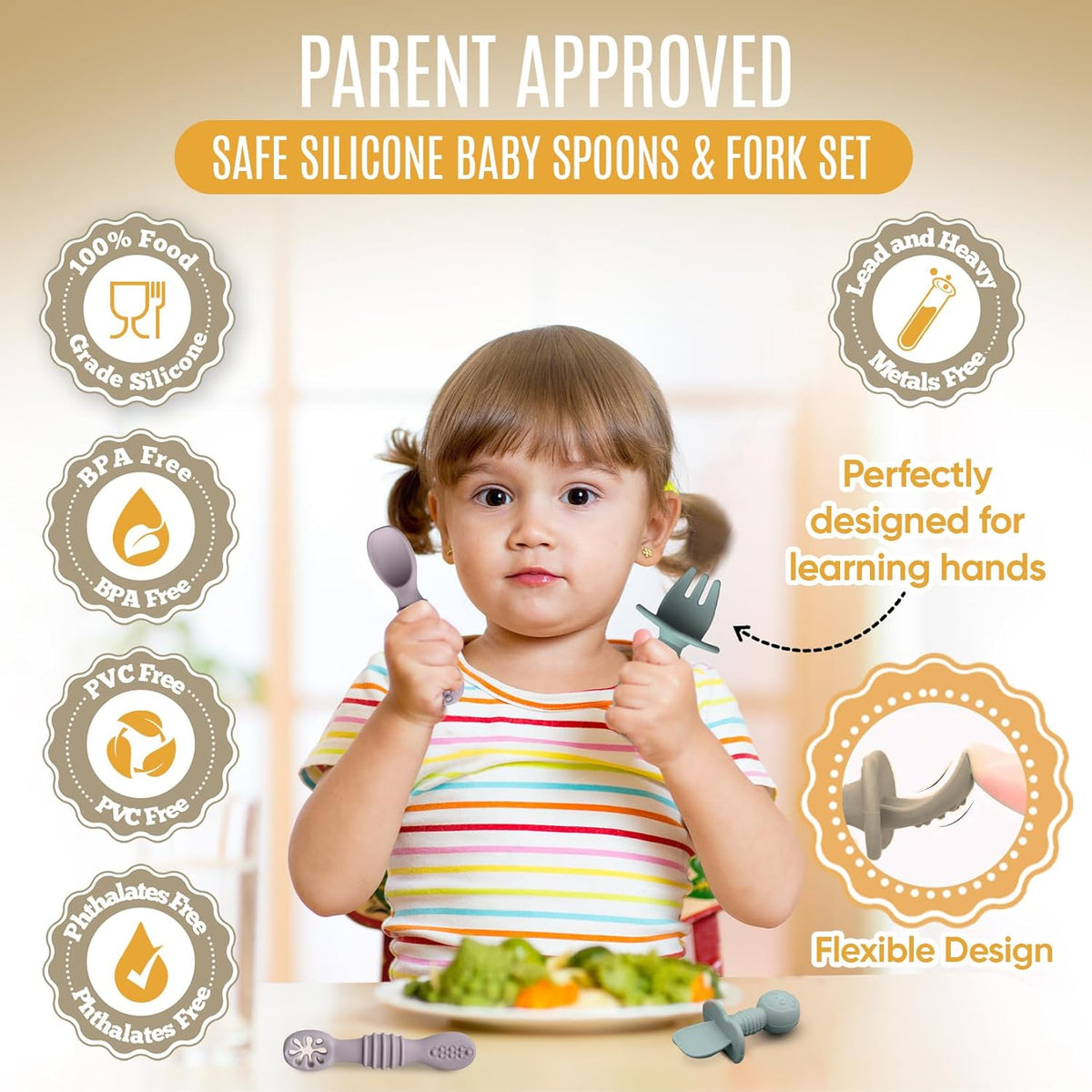 4pc Silicone Baby Spoons Self Feeding Baby Utensils 6-12 Months - 3 Baby Spoon - 1 Baby Fork