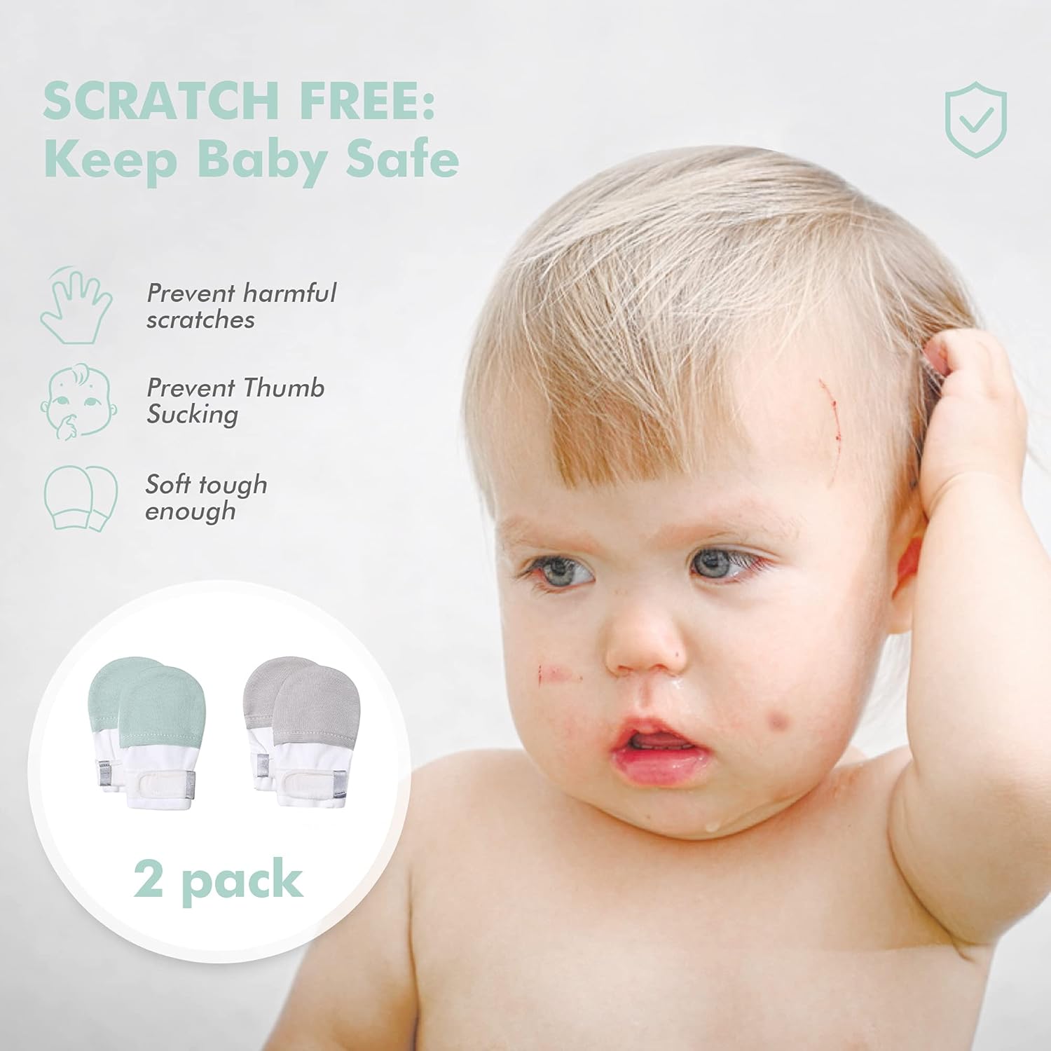 HAPIU Baby No Scratch Mittens Stay On, 100% Cotton Breathable, Adjustable Infant Gloves for Boys