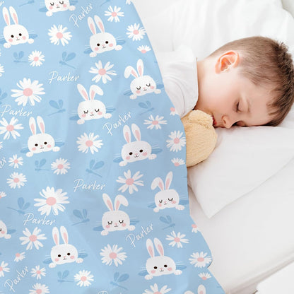 Personalized Baby Blanket with Name, Custom Floral Name Cute Rabbit Blanket Toddler Girls Soft