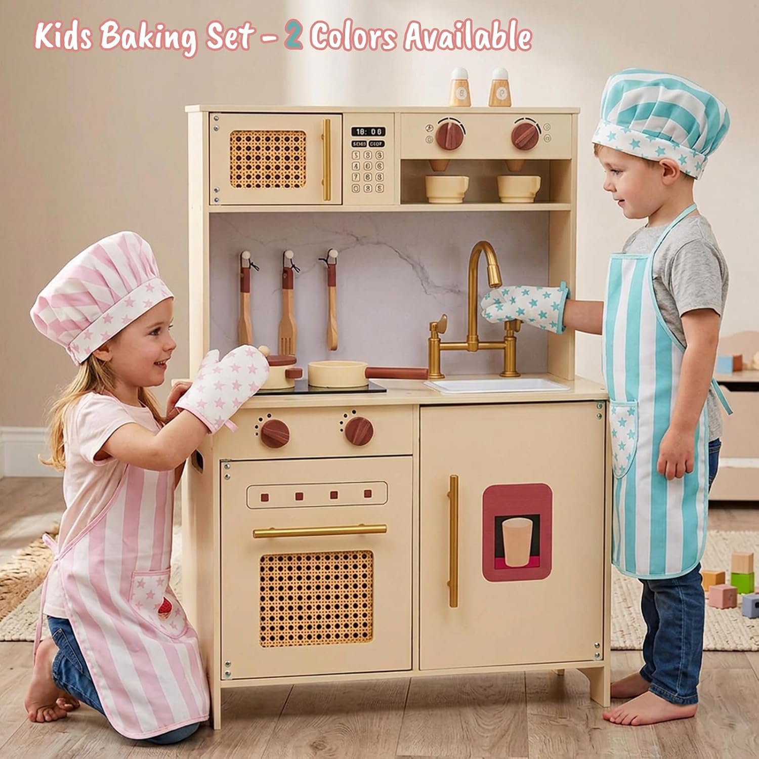WoodenEdu Kid Apron and Chef Hat Set, 3Pcs Children Cooking Baking Set Kits