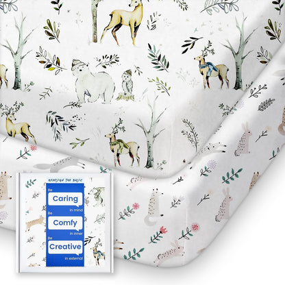 Ultra Soft Pack N Play Sheets - Fitted, Premium Jersey Knit, Stretchy Neutral, Woodland Mini Crib