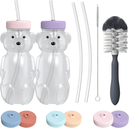 Honey Bear Straw Cup for Babies, 8oz Honey BearCup with Bottle Brush, 2-Pack Improved Lid Therapy