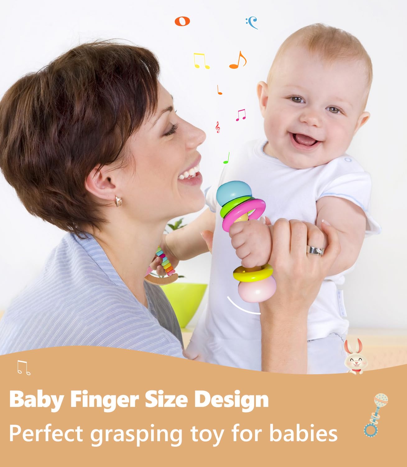 4 PCS Wooden Baby Rattle, Organic Colorful Baby Rattles Set, Wood Rattles for Babies 0-6-12 Months