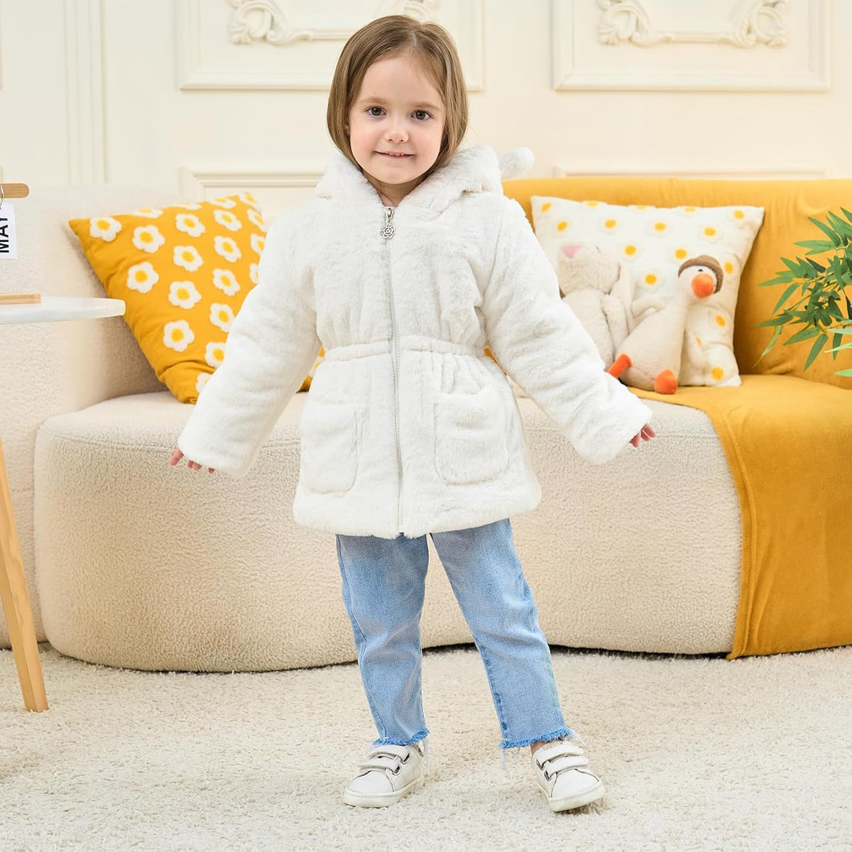 Mallimoda Girls Winter Warm Coats Ear Hooded Faux Fur Fleece Jacket