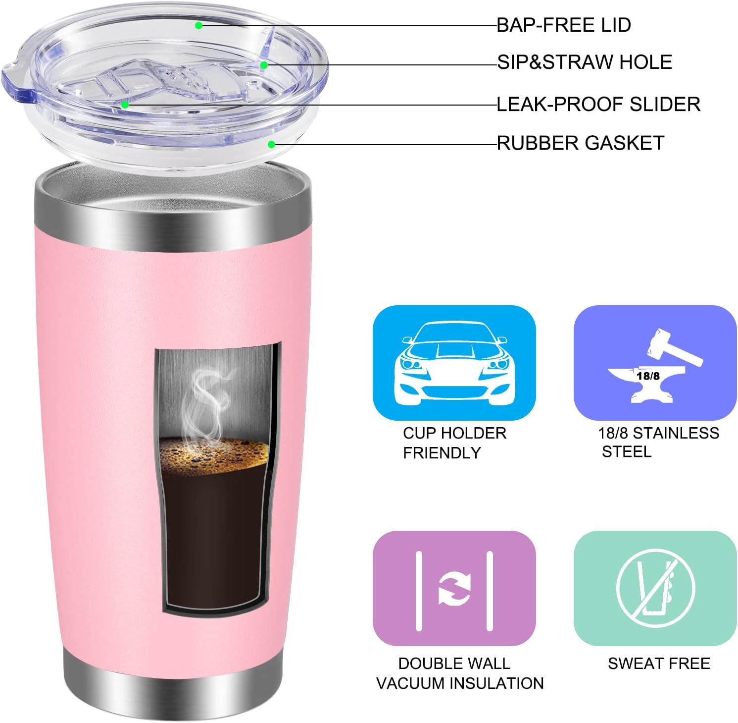 VEGOND 20oz Tumbler with Lid and Straw Stainless Steel Tumbler Cup Bulk Vacuum Insulated Double