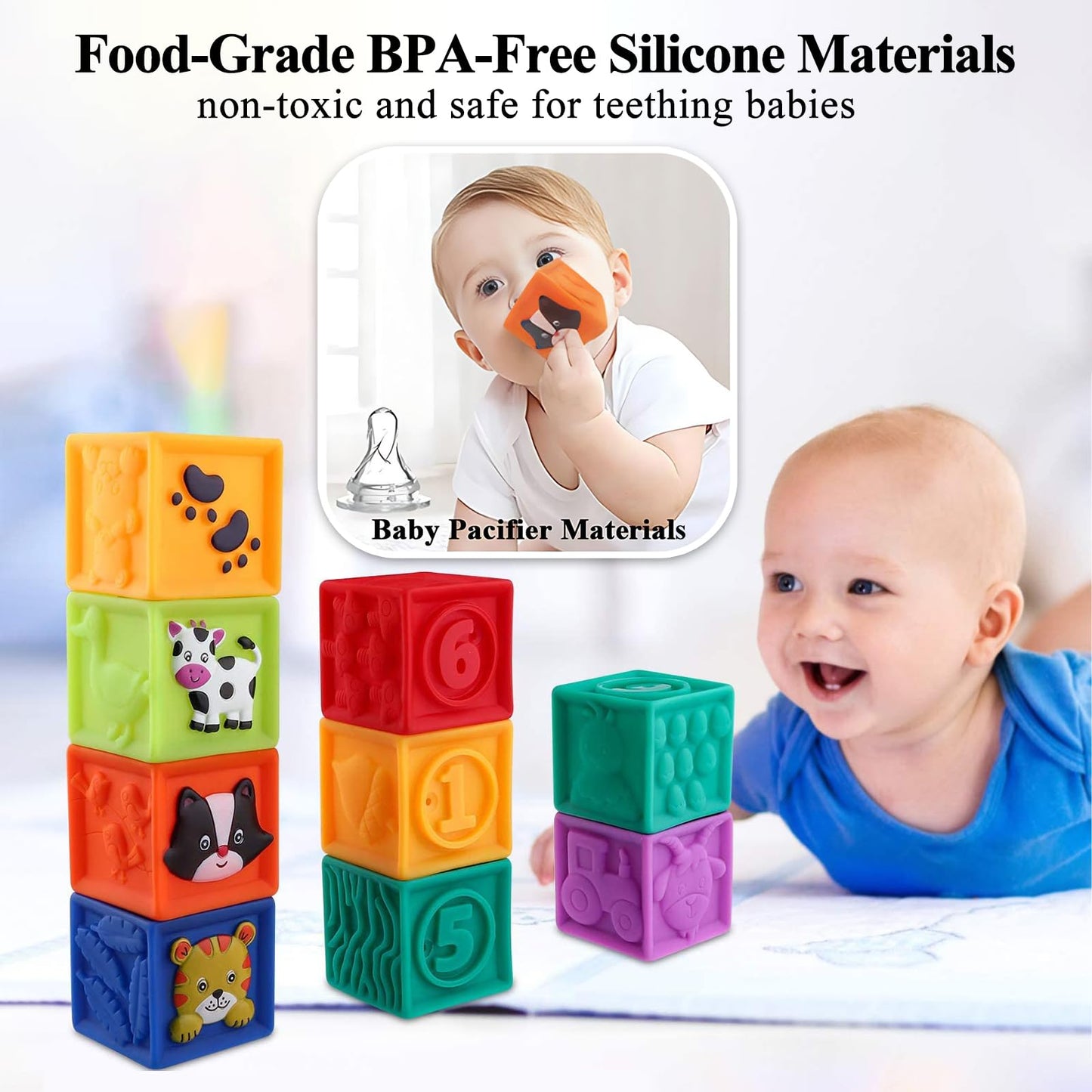 Kingtree Baby Blocks, 9PCS Soft Squeeze Building Blocks Stacking Toys for 6+ Months Babies, Baby
