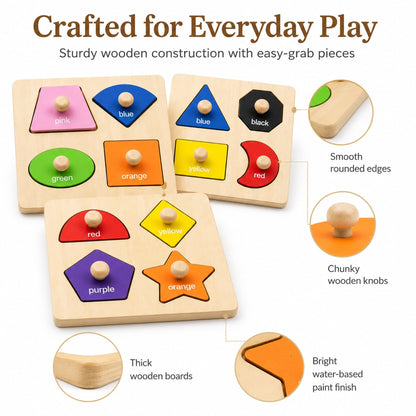 Wooden Shape Color Sorting Puzzle Toys for Toddlers, 4 Pack Montessori Peg Puzzles for Ages 2-4