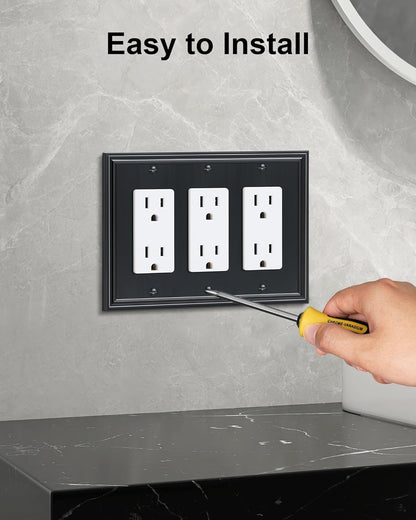 2-Pack Decorative Tripple Decorator Outlet Cover Plate, Durable Zinc Alloy Black Wall Plates for