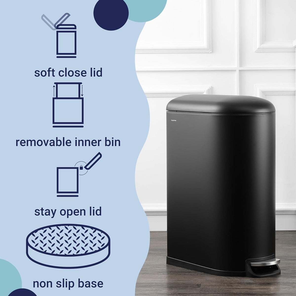 happimess HPM1009B Roland Mini 2.6-Gallon Step-Open Trash Can with Soft-Close Lid, Modern