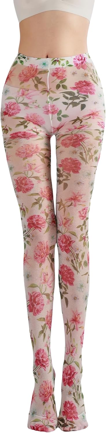 Sahabowi Women's Sheer Fashion Digital Print Fashions Stockings Metallic Silver Tights 1