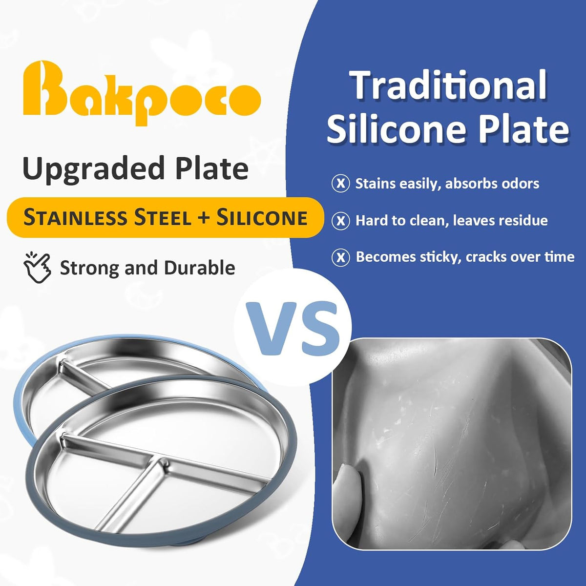 Stainless Steel Suction Plates for Toddlers, 9" Divided Kids Baby Plates with Removable Silicone