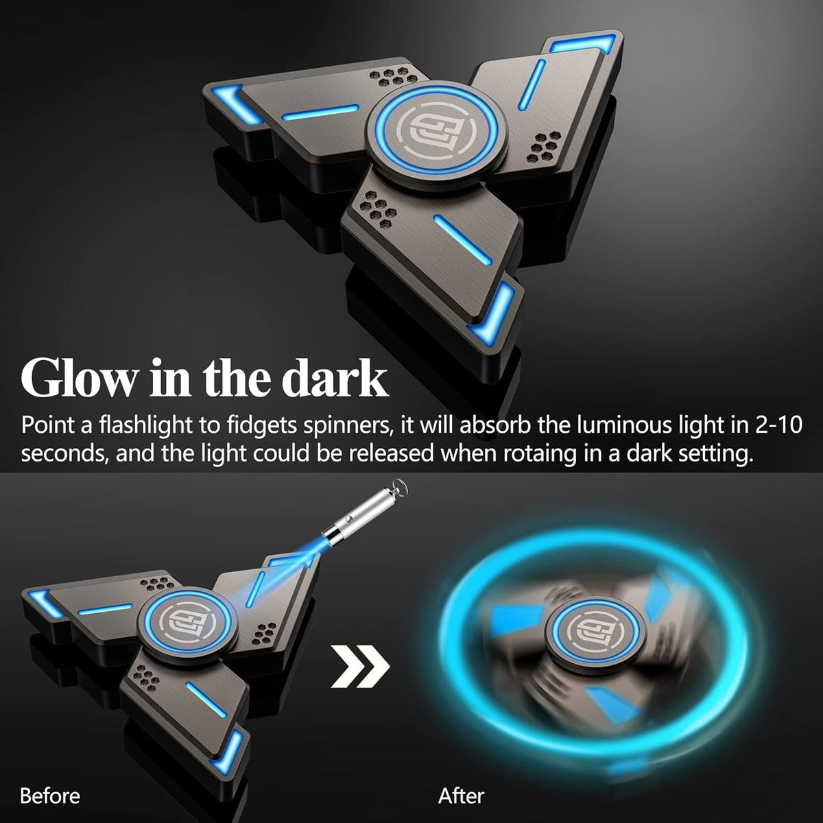 ATESSON Fidget Spinners Toy,3 to 5 min Spins,Gray Metal with Blue Luminous High Speed Bearing