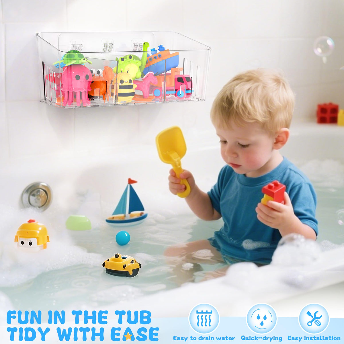 Bath Toy Storage 2 Packs, Large Bath Toy Holder - 3 Compartments, Quick-Dry