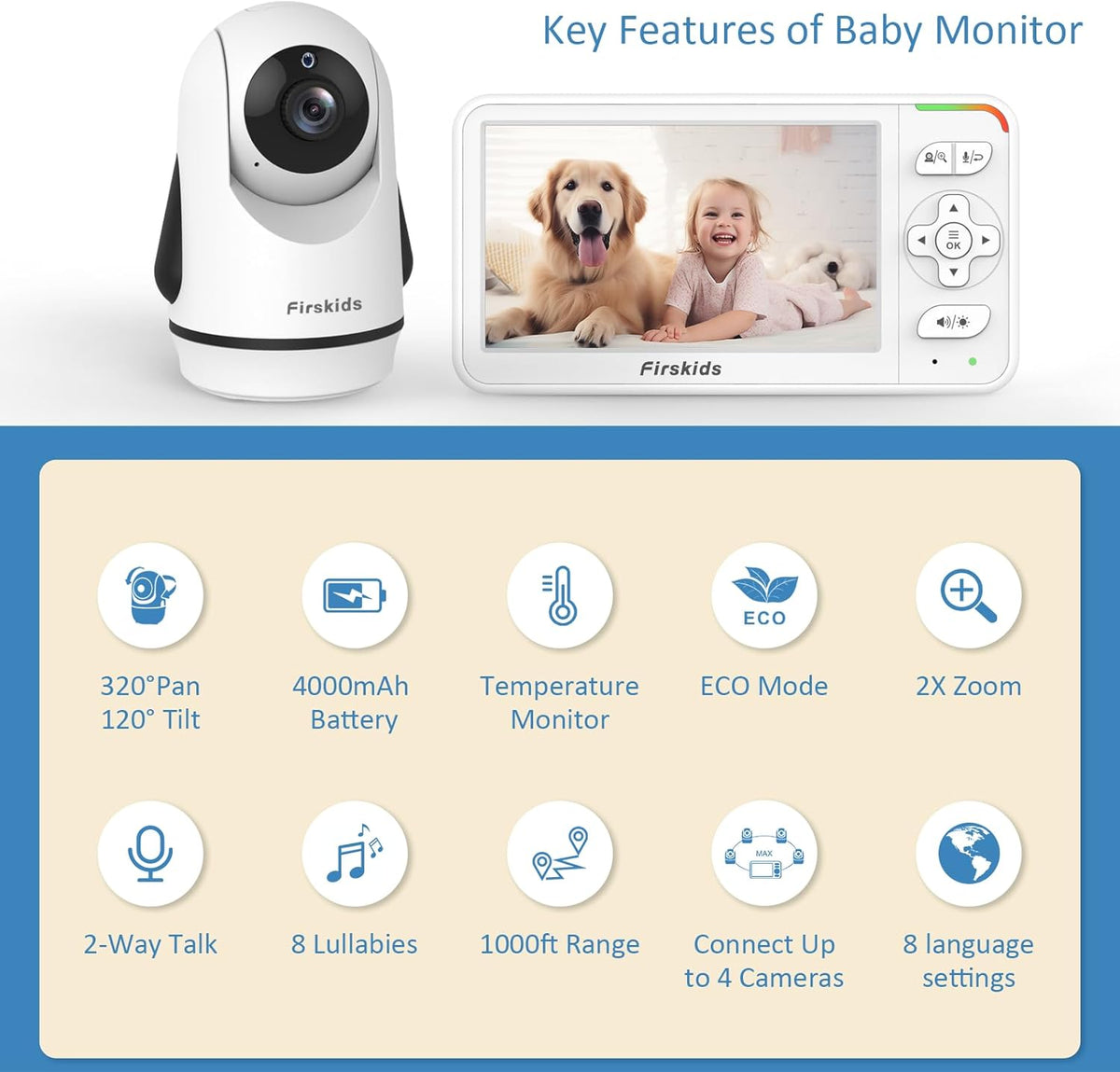 Baby Monitor, 5” Video Baby Monitor with Camera and Audio, 32-Hour Battery, Non WiFi, 2 Way Talk
