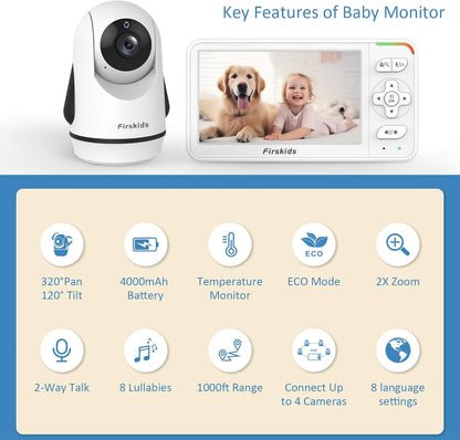 Baby Monitor, 5” Video Baby Monitor with Camera and Audio, 32-Hour Battery, Non WiFi, 2 Way Talk