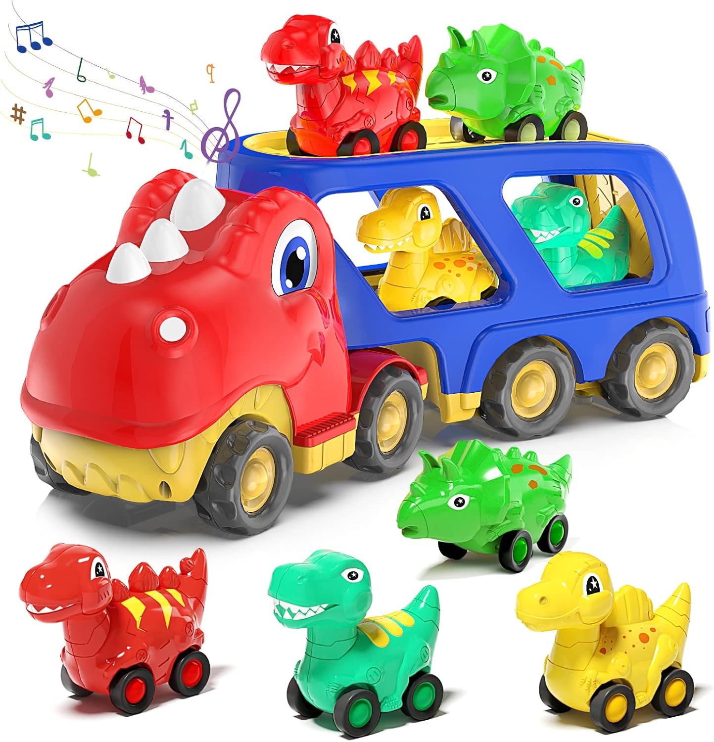 Toddler Car Toy for 2 3 4 5 Years Old, Dinosaur Transport Carrier Truck with 4 Pack Small Pull Back