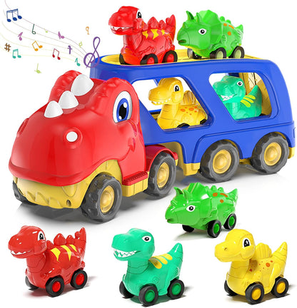 Toddler Car Toy for 2 3 4 5 Years Old, Dinosaur Transport Carrier Truck with 4 Pack Small Pull Back