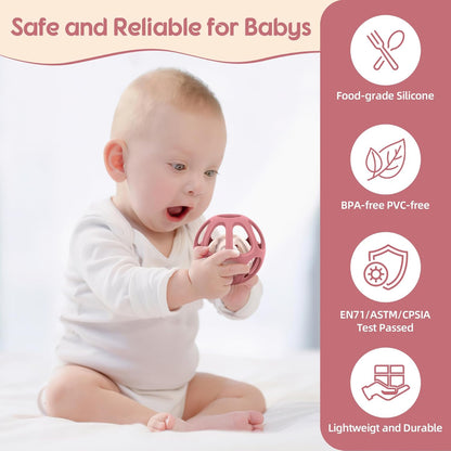 MCGMITT Baby Rattle Teether Toy, Easy Grasp Silicone Sensory Balls, Food Grade Stretchy Infant Toy