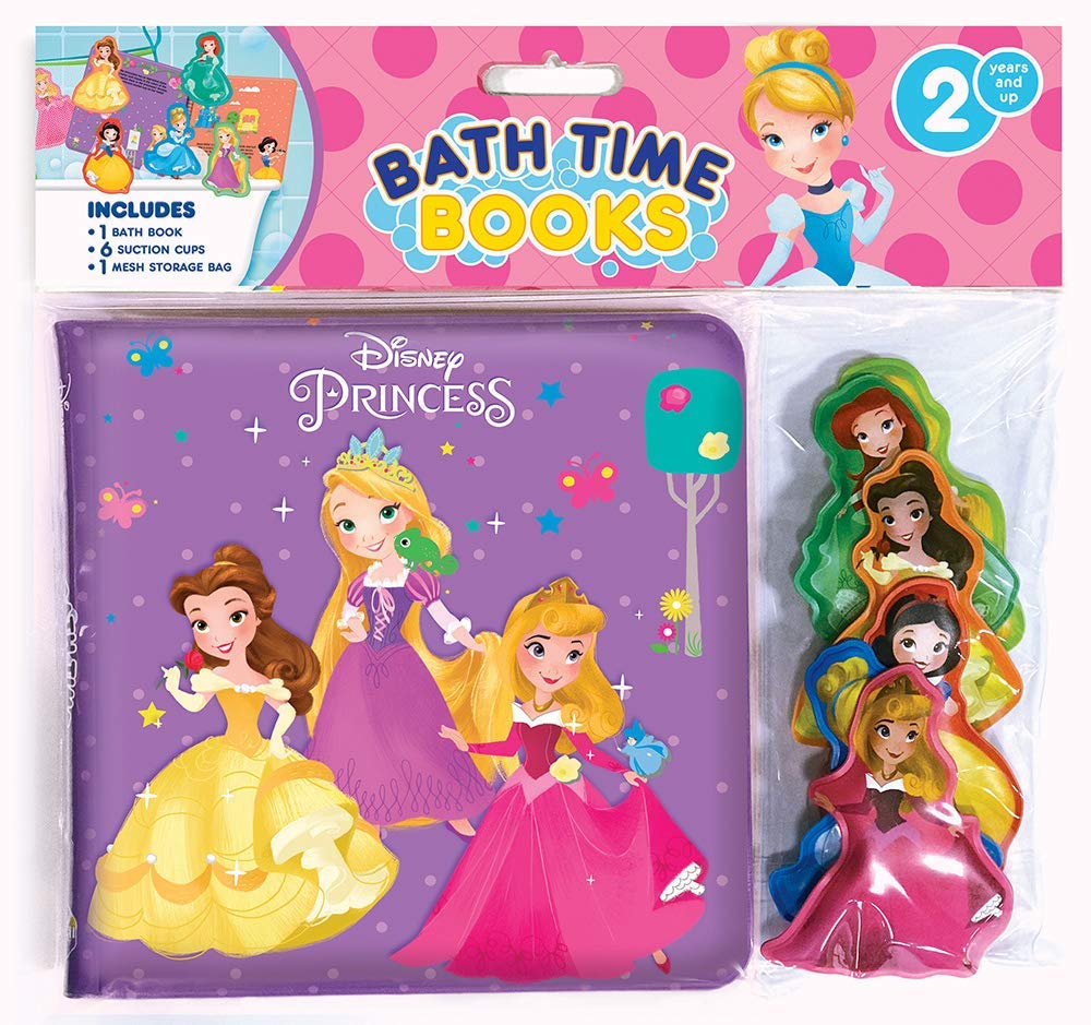 Disney Princess Bath Time Books - Activity Books for kids, Bath book, 6 Padded suction cups, 1 Mesh