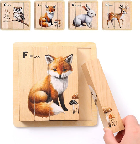 IEATFO 4 in 1 Wooden Animal Chunky Puzzle, 5 Solid Wood Puzzle Blocks with 4 Sides Realistic Forest
