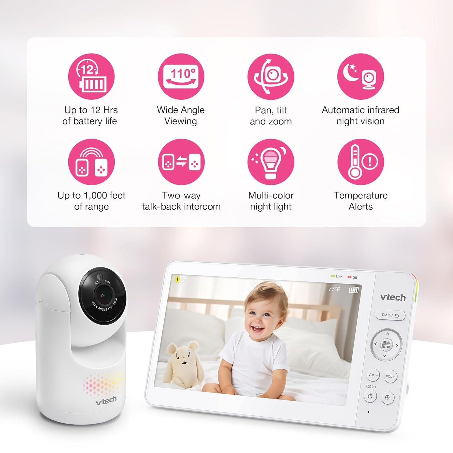 VTech [2025 Upgrade Baby Monitor with 7" IPS Screen, Pan Tilt Zoom Camera, No WiFi Video Baby