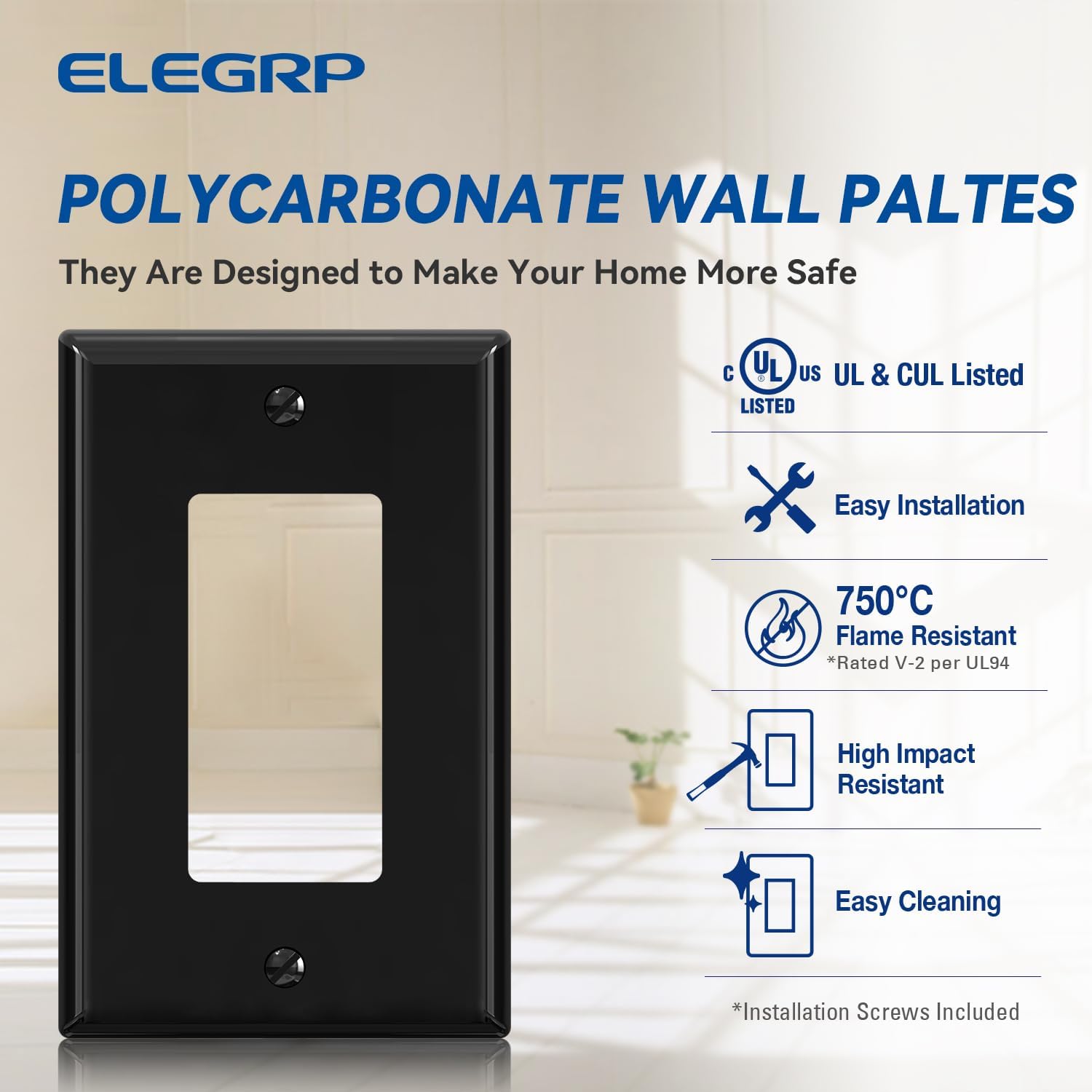 ELEGRP Decorative Receptacle Wall Plate, 1-Gang Mid Size Decorator Covers, Unbreakable