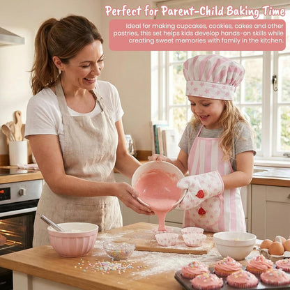 WoodenEdu Kid Apron and Chef Hat Set, 3Pcs Children Cooking Baking Set Kits