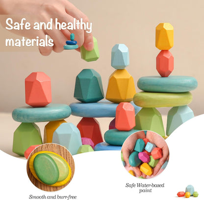 OESSUF Stacking Rocks 26Pcs Stacking Blocks Balancing Stones Wooden Building Toys Wood Stone