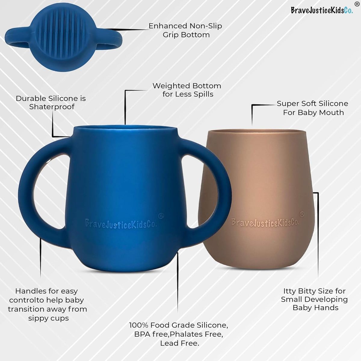 | Teenie Tiny™ Silicone Developmental Baby-Led Weaning Drinking Cups (2 pack) (Warm Taupe and Blue
