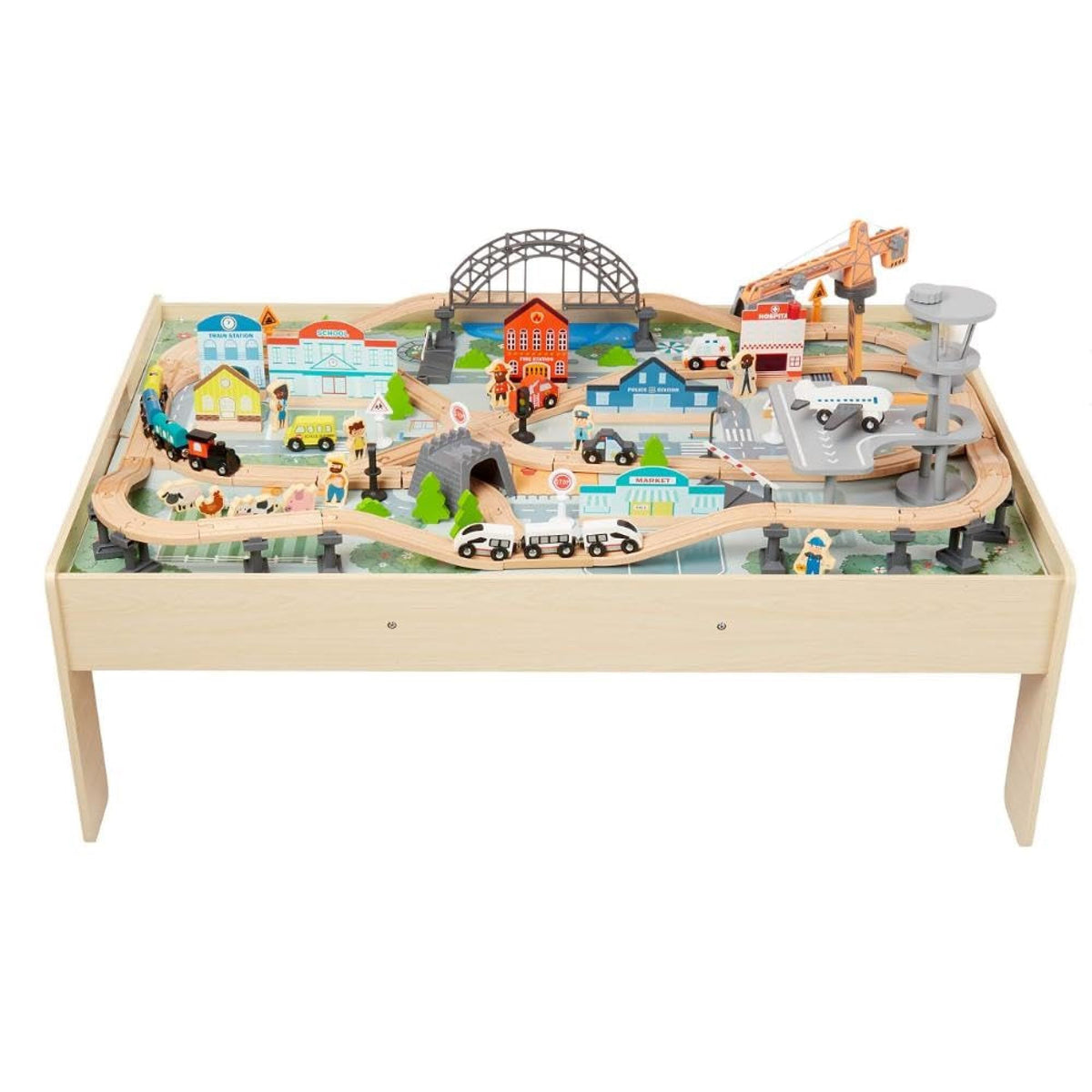 Amazon Basics 120 Piece Wooden Train Set with Activity Table, Sturdy Tracks, Storage Bin, Easy to
