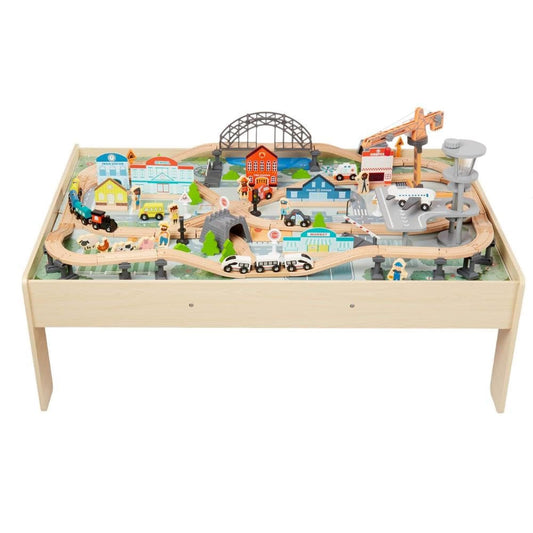 Amazon Basics 120 Piece Wooden Train Set with Activity Table, Sturdy Tracks, Storage Bin, Easy to