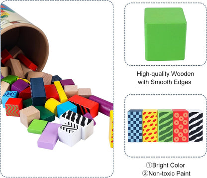 Wooden Building Blocks for Toddlers 1-3, Montessori Shape Sorting & Stacking Toys, 50 Pcs Colored