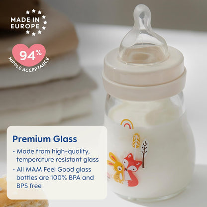MAM Feel Good Slow Flow Premium Glass Baby Bottles, Easy Switch Between Breast and Bottle, 6oz, 0+