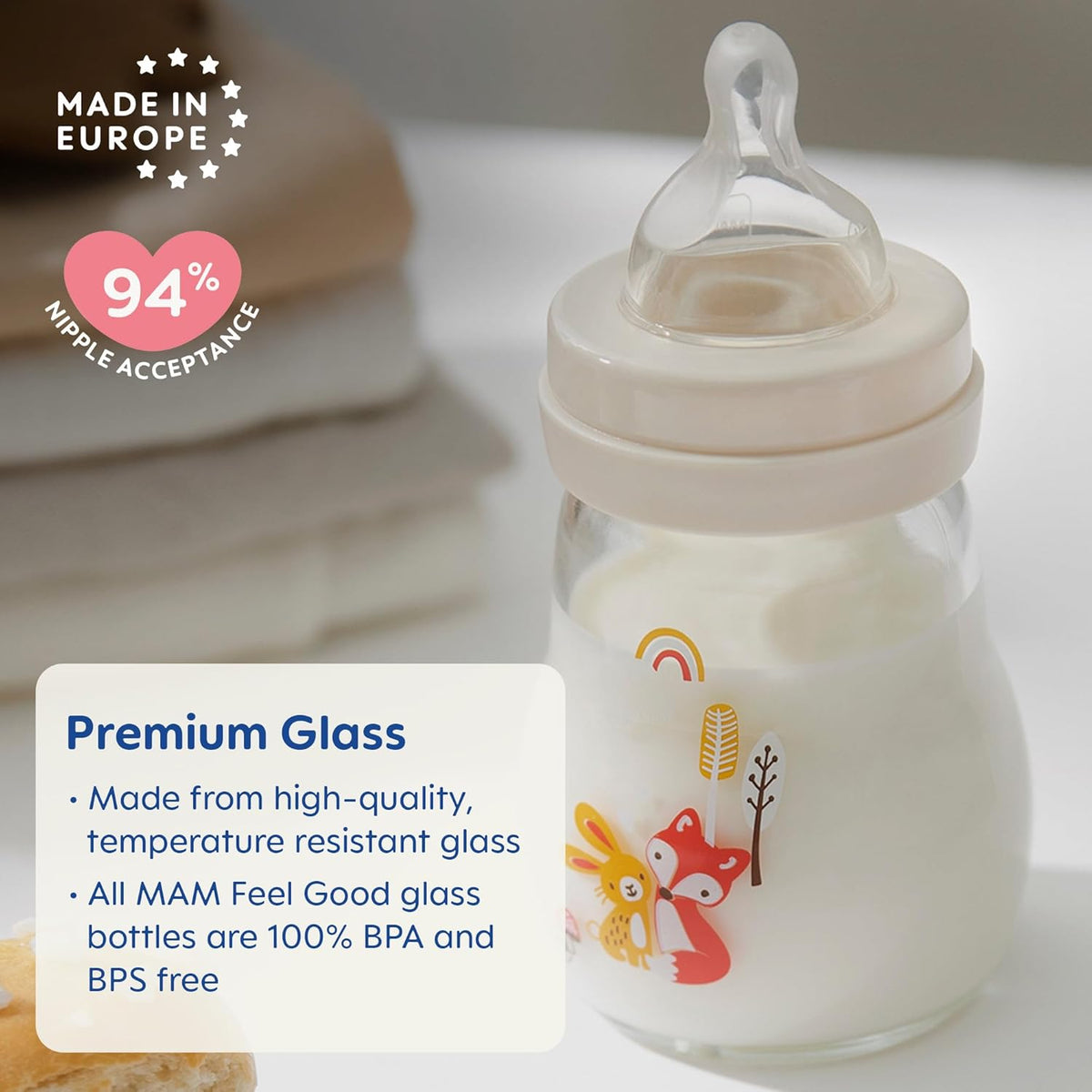 MAM Feel Good Slow Flow Premium Glass Baby Bottles, Easy Switch Between Breast and Bottle, 6oz, 0+