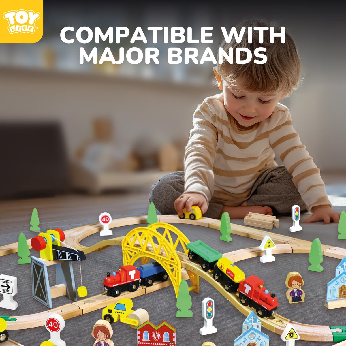 TOY Life Wooden Train Set with Crane, 60-Pc Track, Boys 3-8