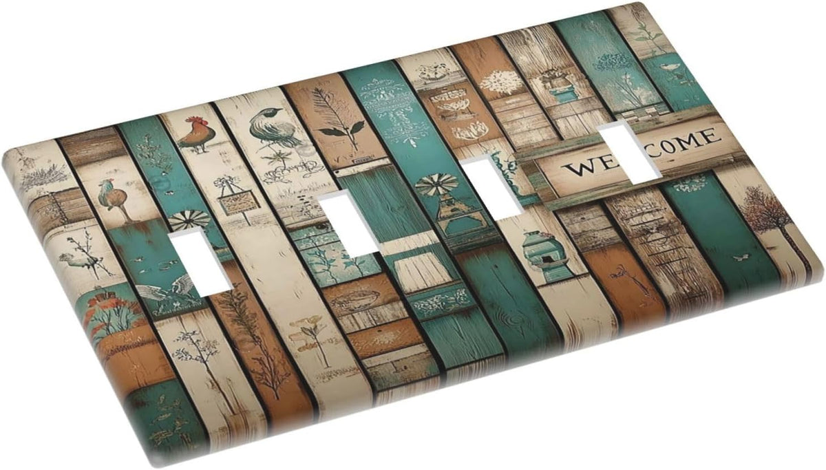 Light Switch Covers Vintage Wood Brown Turquoise Splicing Quad Toggle Electrical Faceplate 4 Gang