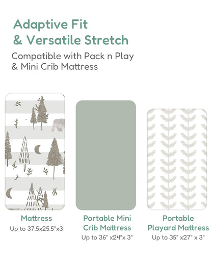 Pack and Play Sheets Fitted, Beige Trees&Leaf Design, Hypoallergenic, Soft and Safe, 2 Pack for