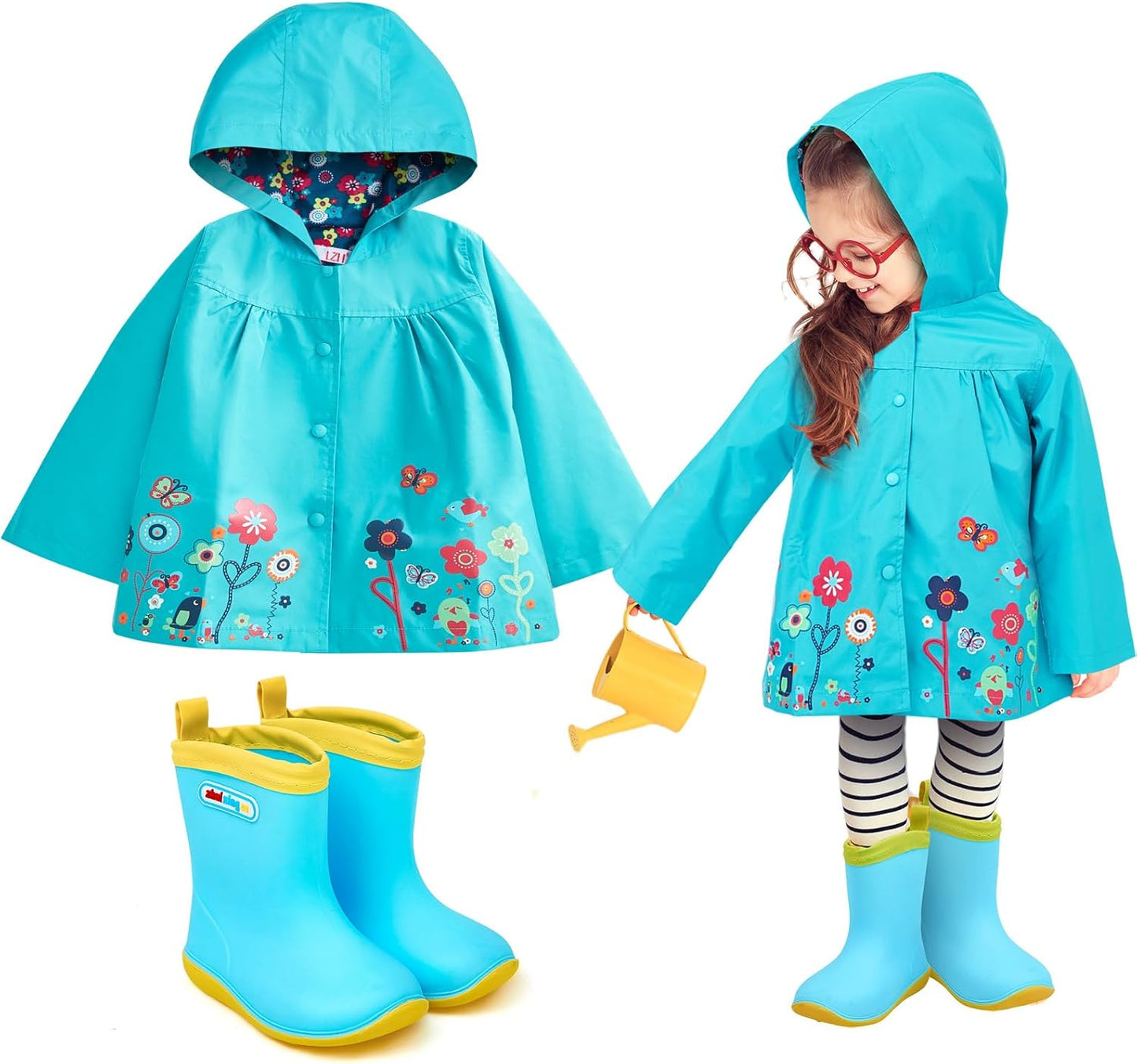 2 Pcs Toddler Raincoat Rain Boots Set Kids Baby Cartoon Hoodie Zipper Jacket Short Rain Shoes for