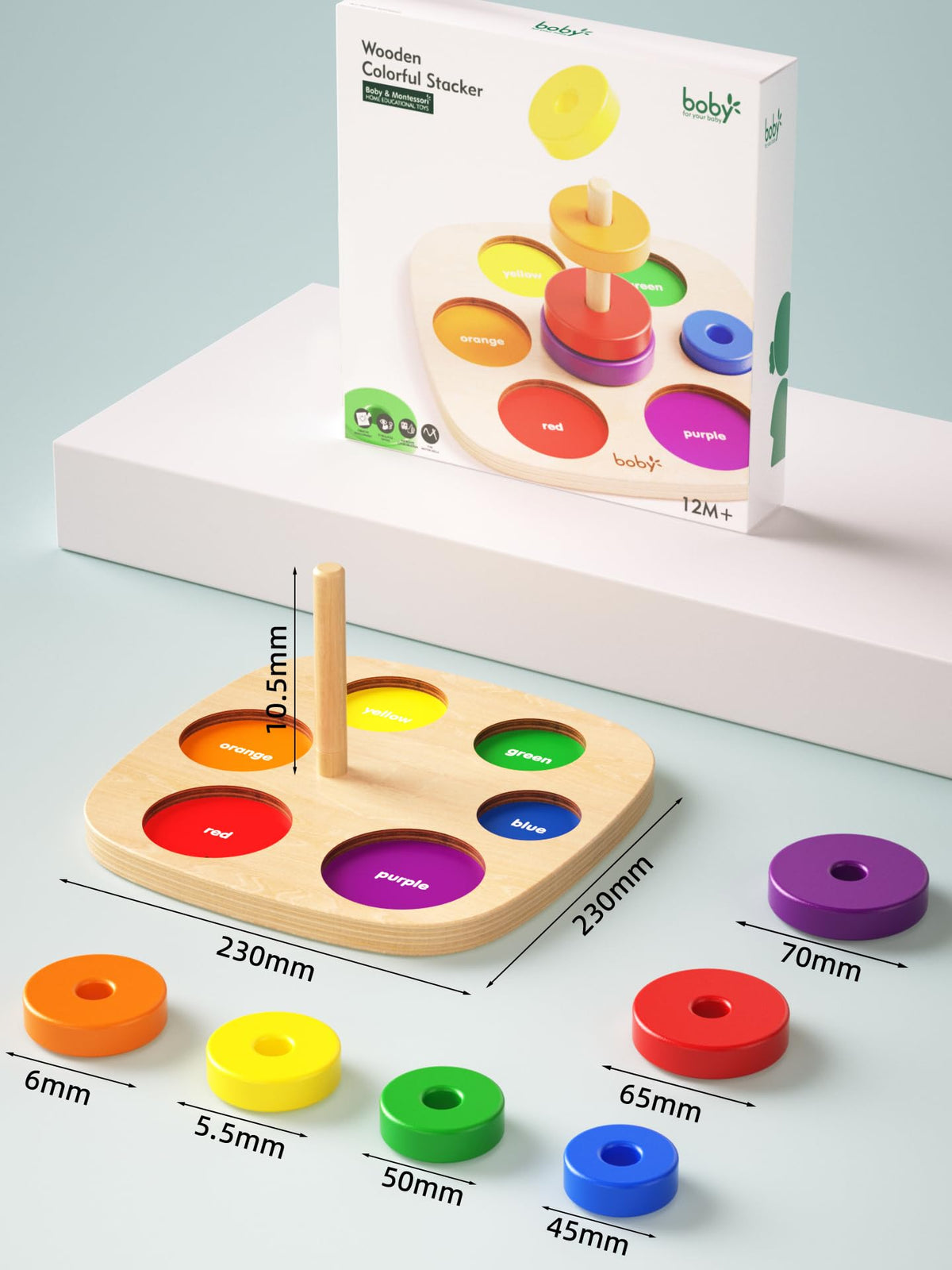 Dailyfunn Montessori Toys Wooden Rainbow Ring Stacker Color Size Learning Sorting Stacking Toy for