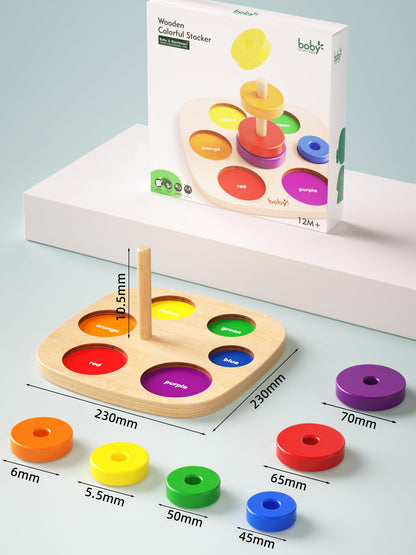 Dailyfunn Montessori Toys Wooden Rainbow Ring Stacker Color Size Learning Sorting Stacking Toy for