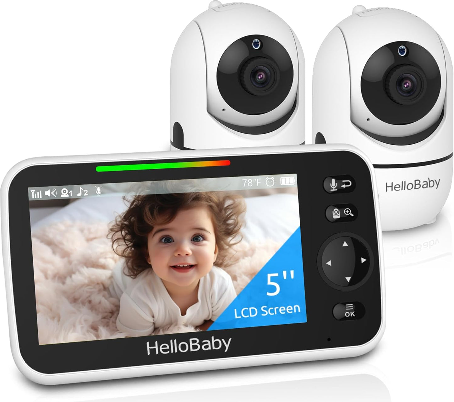 HelloBaby Upgrade 5’’ Baby Monitor with 30-Hour Battery, 2 Cameras Pan-Tilt-Zoom, 1000ft Range