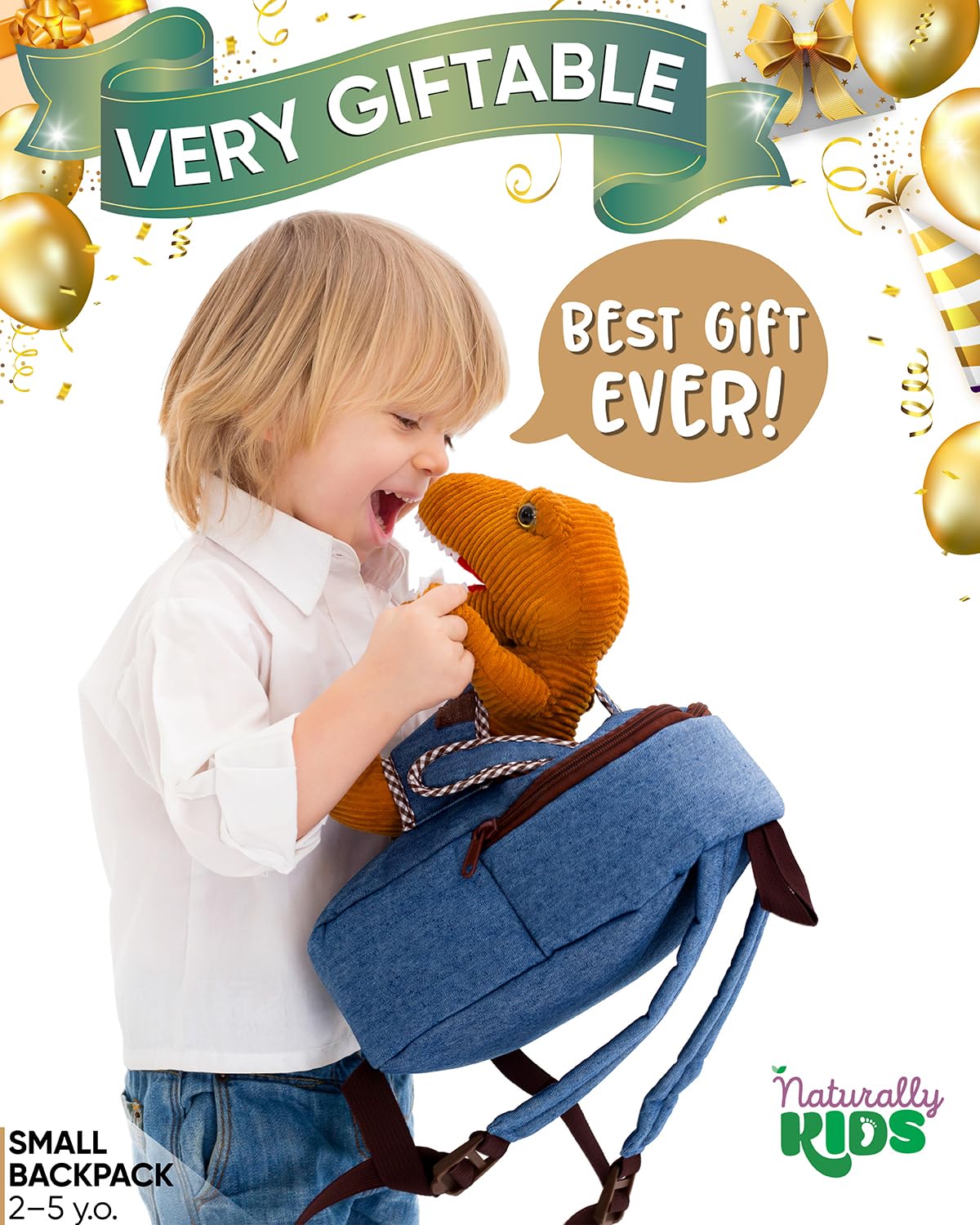 Naturally KIDS Toddler Backpack w. Plush Dinosaur Toy, Kids Gift 2 3 4 5