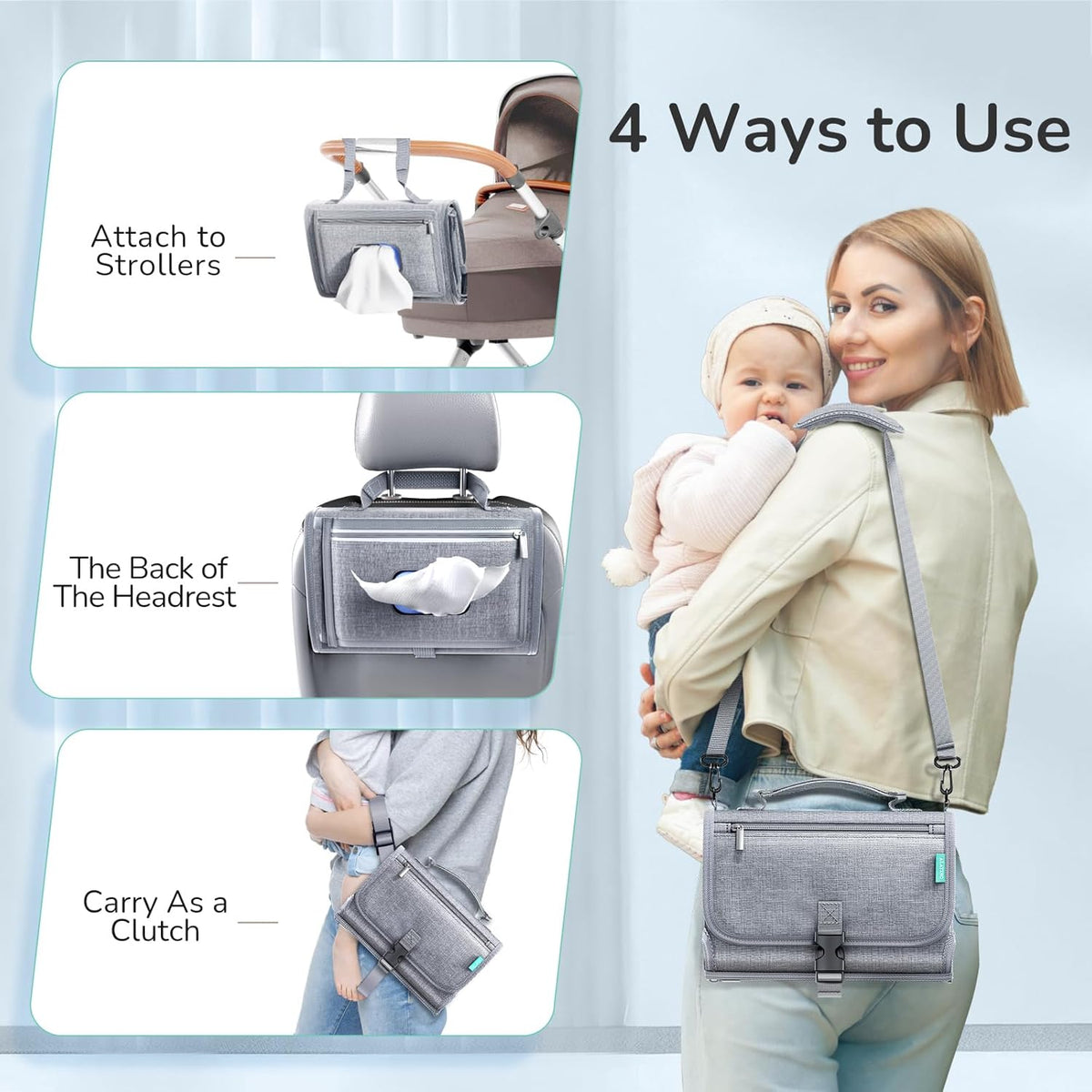 Portable Diaper Changing Pad with Shoulder Strap, Detachable Travel Changing Pad with Baby Wipes
